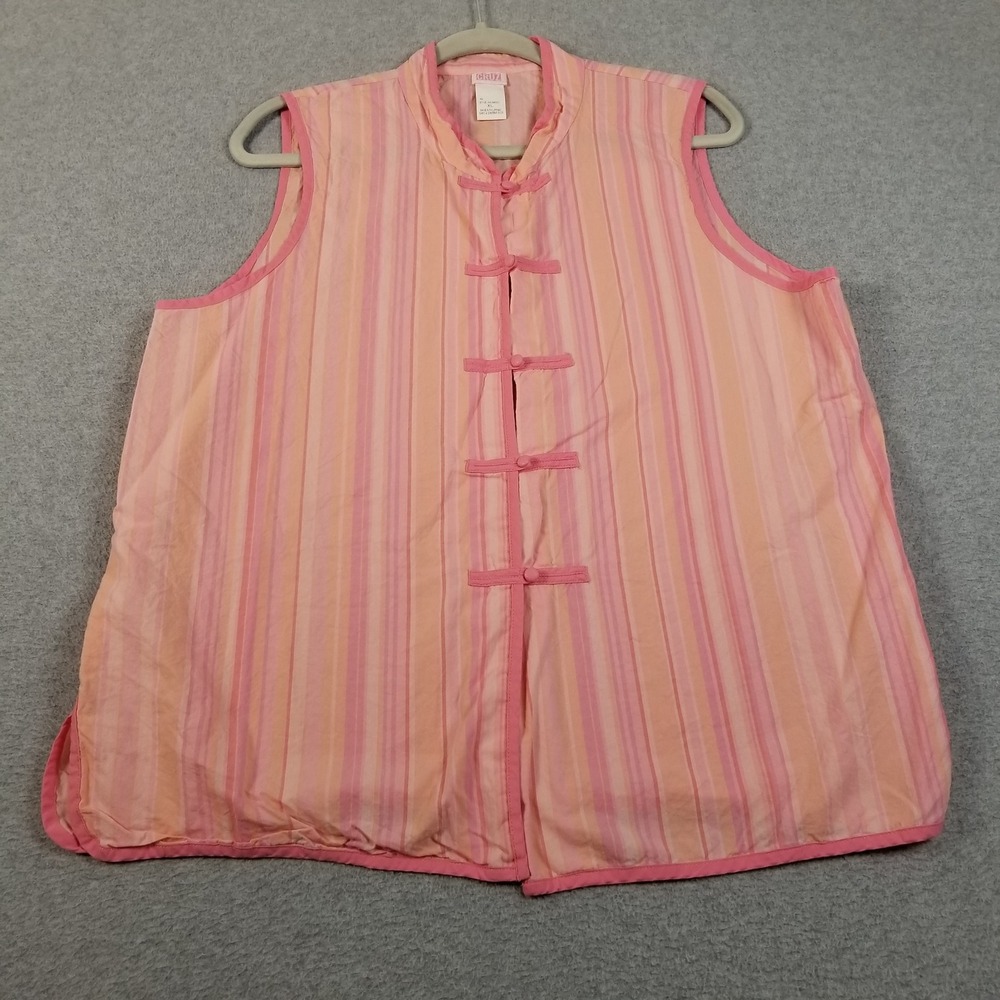 Cruz Top Women XL Pink Orange Stripe Frog Button Mandarin Collar Oriental Blouse